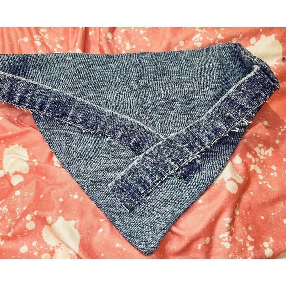 Pet Bandana Distressed Blue Jean Scarf with Lime & Pink Ribbon Flower Accent SzS